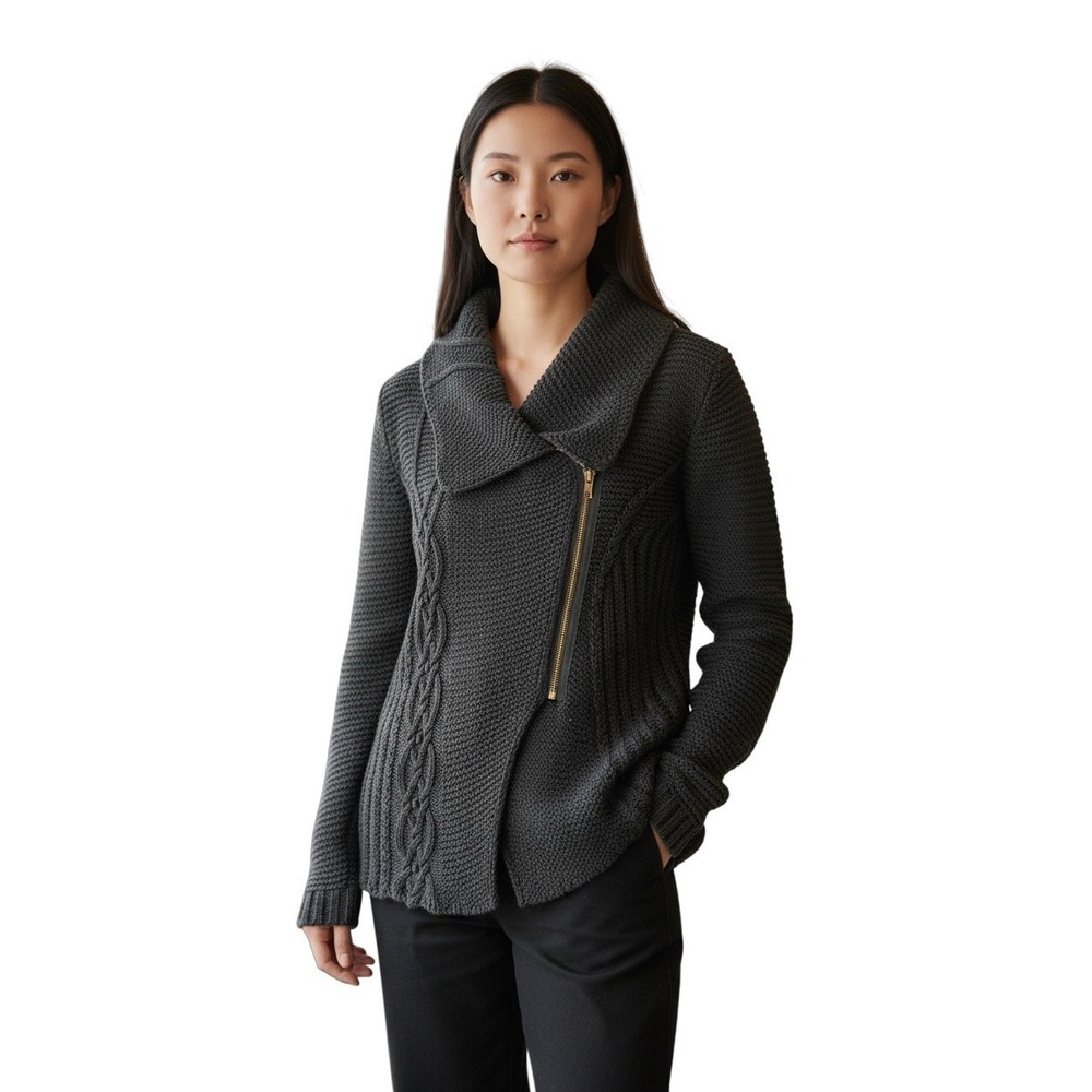 Rachel Rachel Roy‎ Asymmetrical Zip Cable Knit Sweater Black Size Small